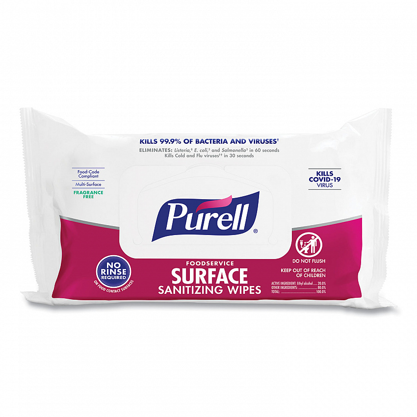 Foodservice Surface Sanitizing Wipes, 1-Ply, 7.4 x 9, Fragrance-Free, White, 72/Pouch, 12 Pouches/Carton (937112CT)