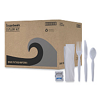 Six-Piece Cutlery Kit, Heavyweight, Fork/Knife/Napkin/Pepper/Salt/Spoon, Plastic, White, 250/Carton (FKTNSHWPSWH)