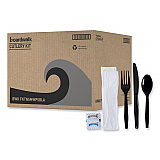Six-Piece Cutlery Kit, Mediumweight, Fork/Knife/Napkin/Pepper/Salt/Spoon, Plastic, Black, 250/Carton (FKTNSMWPSBLA)