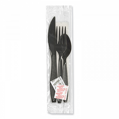 Impress Heavyweight Full-Length Polystyrene Cutlery Kit, Fork/Knife/Napkin/Pepper/Salt/Spoon, Plastic, Black, 750/Carton (HSK8Y)
