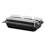 Creative Carryouts Hinged Plastic Hot Deli Boxes, 4 Compartments, 8.05 x 11.5 x 2.95, Black/Clear, 100/Carton (919020PM94)