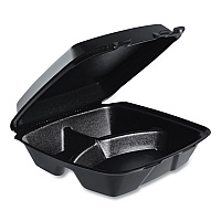Insulated Foam Hinged Lid Containers, 3 Compartments, 9.01" x 9.4" x 3.1", Black, 200/Carton (90HTPFB3R)