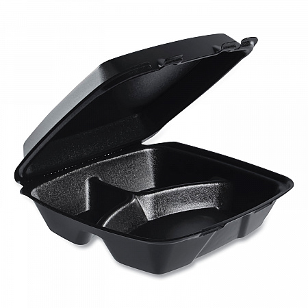 Insulated Foam Hinged Lid Containers, 3 Compartments, 9.01