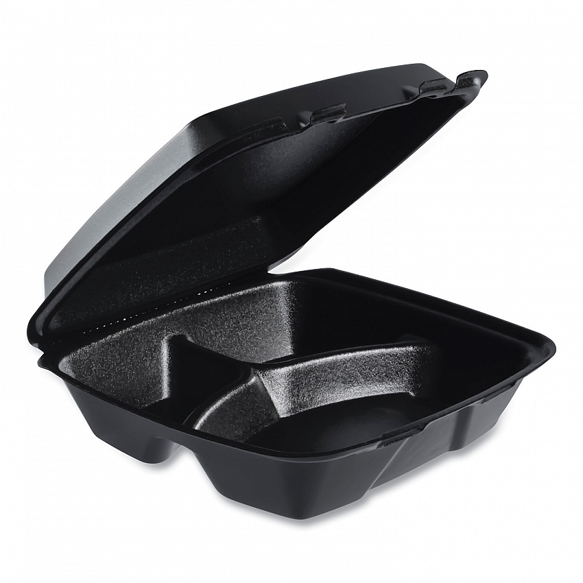 Insulated Foam Hinged Lid Containers, 3 Compartments, 9.01" x 9.4" x 3.1", Black, 200/Carton (90HTPFB3R)