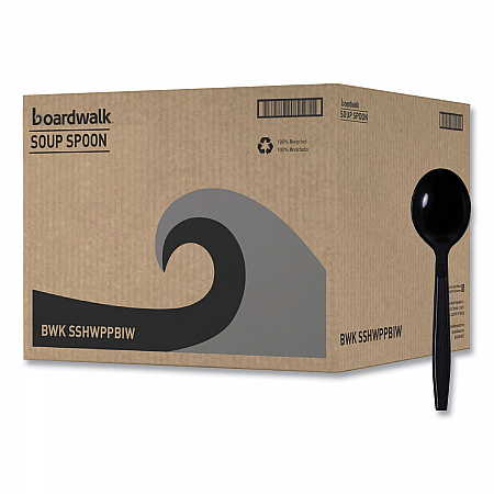 Heavyweight Wrapped Polypropylene Cutlery, Soup Spoon, Plastic, Black, 1,000/Carton (SSHWPPBIW)