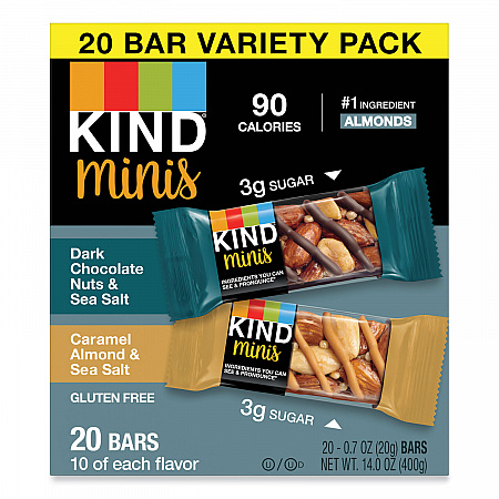 Minis, Dark Chocolate Nuts and Sea Salt/Caramel Almond and Sea Salt, 0.7 oz Bar, 20/Pack (27964)
