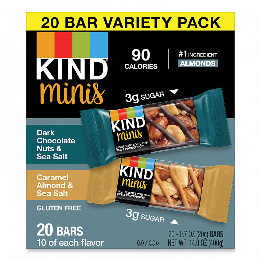 Minis, Dark Chocolate Nuts and Sea Salt/Caramel Almond and Sea Salt, 0.7 oz Bar, 20/Pack (27964)