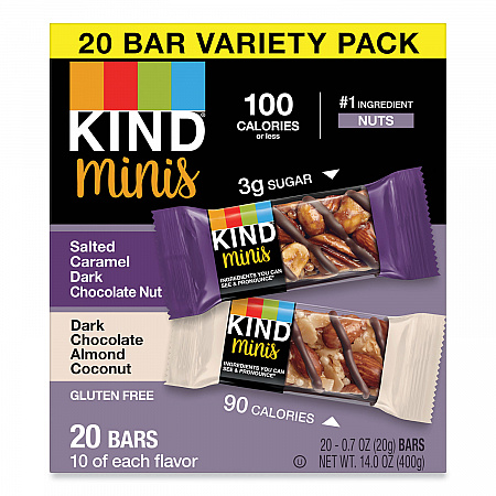 Minis, Salted Caramel and Dark Chocolate Nut/Dark Chocolate Almond and Coconut, 0.7 oz, 20/Pack (27970)