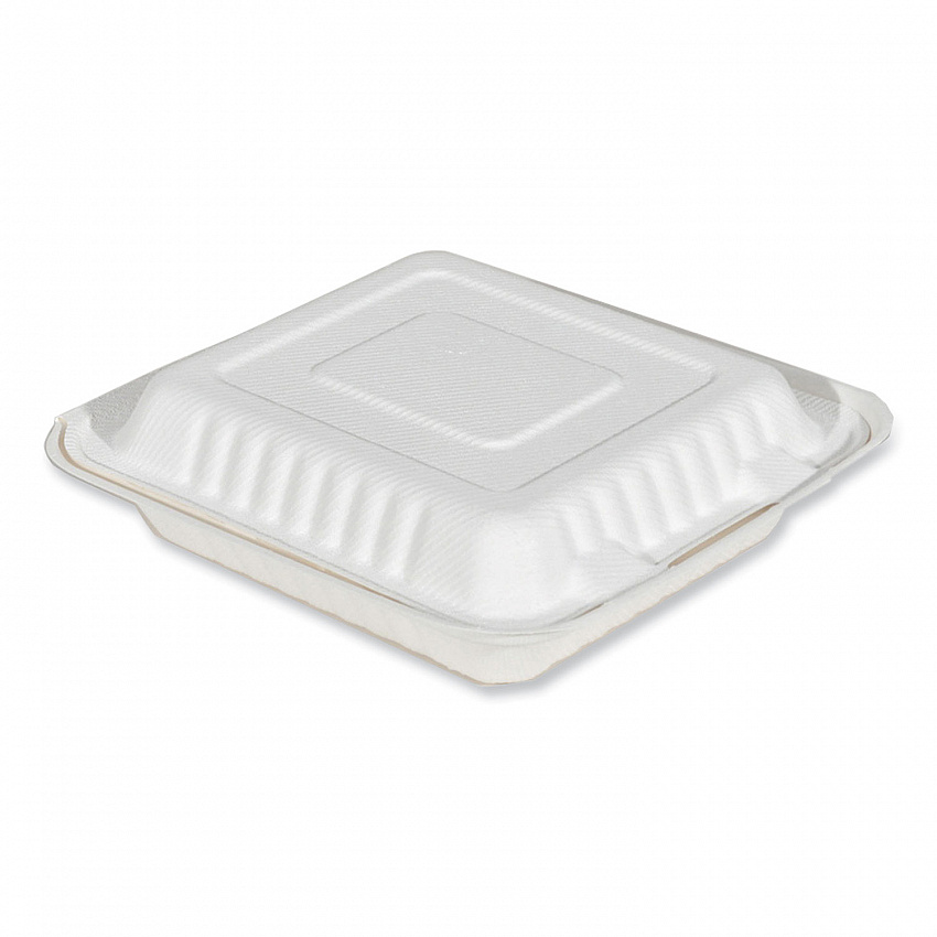 ChampWare Molded-Fiber Clamshell Containers, 8" x 8", White, Sugarcane, 200/Carton (18942)