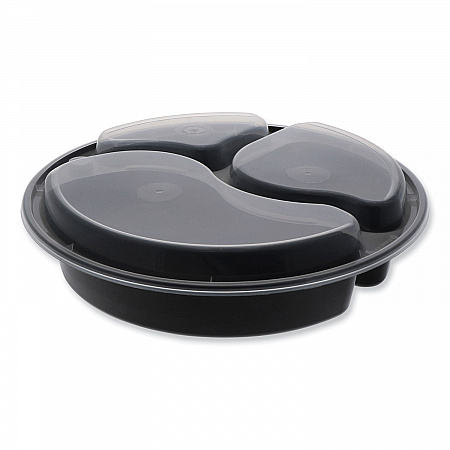 Newspring VERSAtainer Microwavable Containers, Round, 3 Compartment, 39 oz, 9.5 x 9.5 x 2.3, Black/Clear, Plastic, 150/Carton (NC9388B)