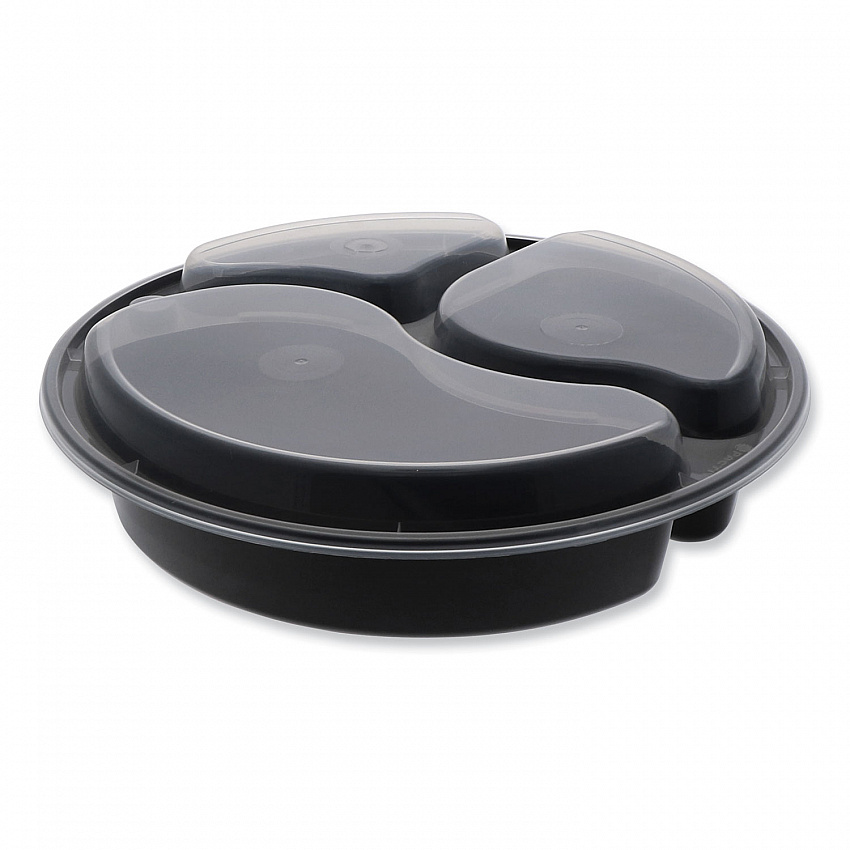 Newspring VERSAtainer Microwavable Containers, Round, 3 Compartment, 39 oz, 9.5 x 9.5 x 2.3, Black/Clear, Plastic, 150/Carton (NC9388B)