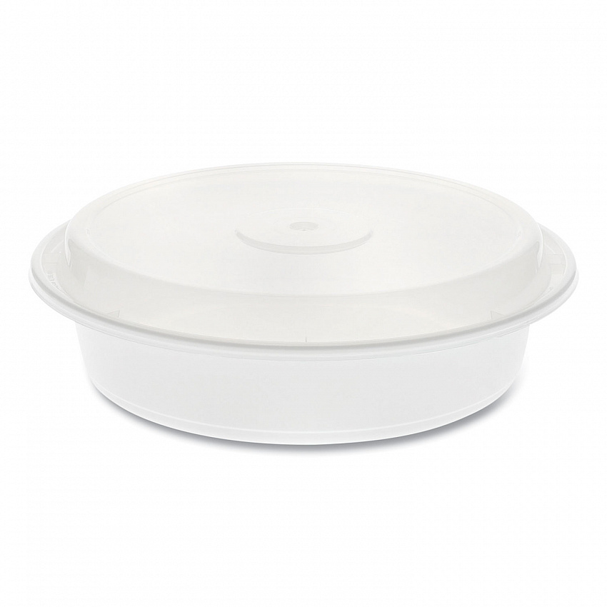 Newspring VERSAtainer Microwavable Containers, Round, 35 oz, 8 x 8 x 2.5, White/Clear, Plastic, 150/Carton (NC737)