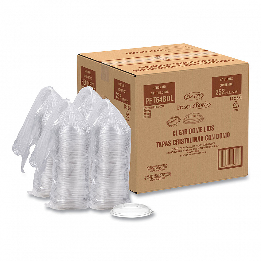PresentaBowls Lids, Clear, Fits 24 oz to 64 oz Bowls, 7.3" Diameter x 1.1" h, Plastic, 252/Carton (PET64BDL)