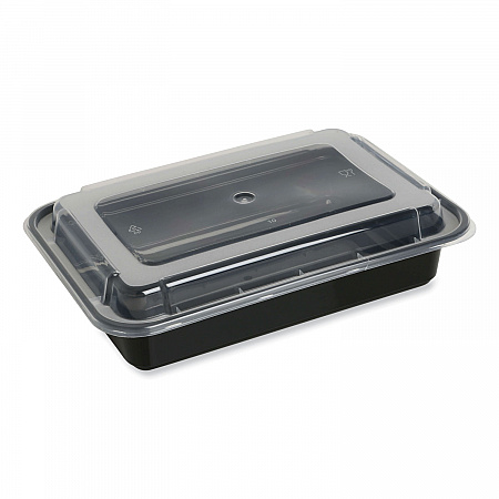 Microwavable Food Container with Lid, Rectangular, 38 oz, 8.81 x 6.02 x 2.48, Black/Clear, Plastic, 150/Carton (TORECT38)
