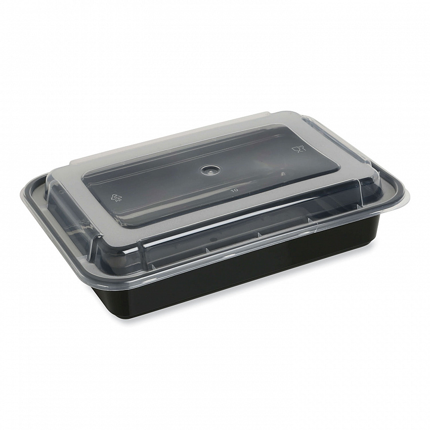 Microwavable Food Container with Lid, Rectangular, 38 oz, 8.81 x 6.02 x 2.48, Black/Clear, Plastic, 150/Carton (TORECT38)