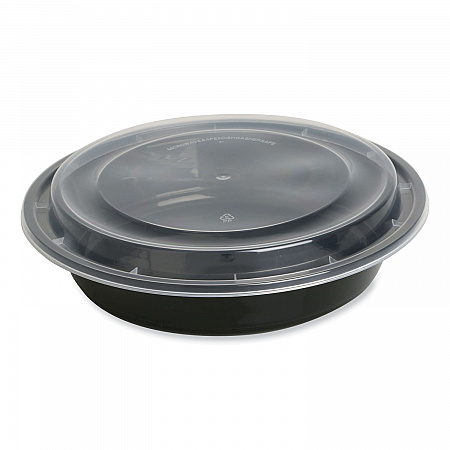 Microwavable Food Container with Lid, Round, 48 oz, 8.85 x 8.85 x 2.24, Black/Clear, Plastic, 150/Carton (TORND48)