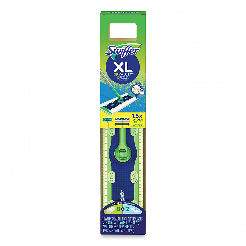 Sweeper Mop, XL Dry + Wet Sweeping Kit, 16.5 x 9 White Cloth Head, 46" Green/Silver Aluminum/Plastic Handle (01096)