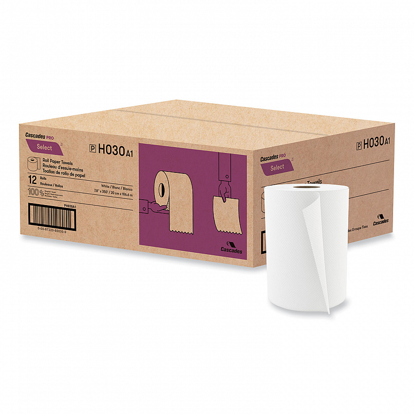 Select Roll Paper Towels, 1-Ply, 7.88" x 350ft, White, 12 Rolls/Carton (H030)