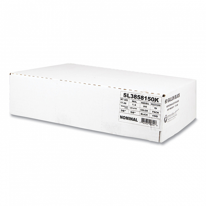 Low-Density Commercial Can Liners, 60 gal, 1.5 mil, 38" x 58", Black, Interleaved Roll, 20 Bags/Roll, 5 Rolls/Carton (SL3858150K)