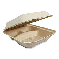 Fiber Hinged Takeout Containers, 3 Compartments, 8.8 x 8.2 x 2.9, Natural, Paper, 300/Carton (TOSCU8TLFP)