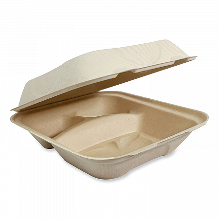 Fiber Hinged Takeout Containers, 3 Compartments, 8.8 x 8.2 x 2.9, Natural, Paper, 300/Carton (TOSCU8TLFP)