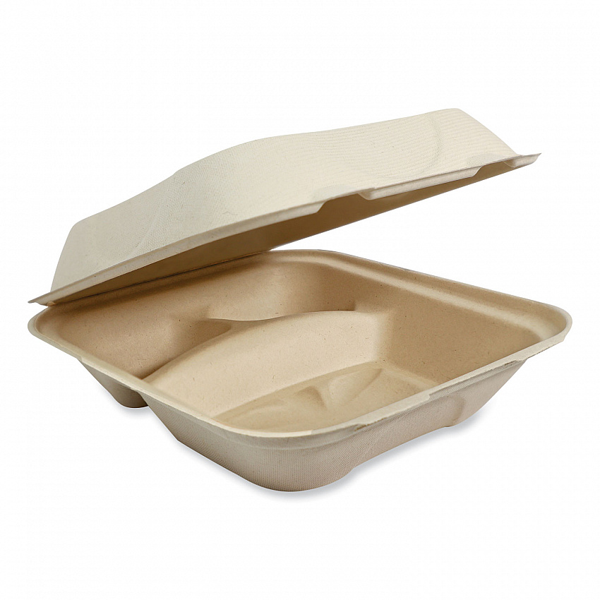 Fiber Hinged Takeout Containers, 3 Compartments, 8.8 x 8.2 x 2.9, Natural, Paper, 300/Carton (TOSCU8TLFP)