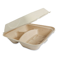 Fiber Hinged Takeout Containers, 3-Compartment, 9.3 x 9 x 3.3, Natural, Paper, 300/Carton (TOSCU9TLFP)