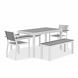 Eveleen Outdoor Dining Table Set, 55" x 35" x 29" Rectangular Table, 2 Benches, 2 Armchairs, Gray/White (840031918437)