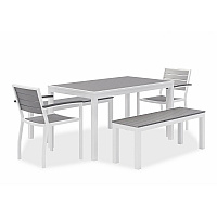 Eveleen Outdoor Dining Table Set, 55" x 35" x 29" Rectangular Table, 2 Benches, 2 Armchairs, Gray/White (840031918437)