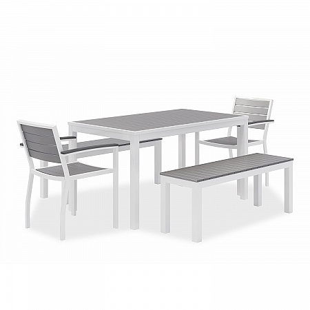Eveleen Outdoor Dining Table Set, 55" x 35" x 29" Rectangular Table, 2 Benches, 2 Armchairs, Gray/White (840031918437)