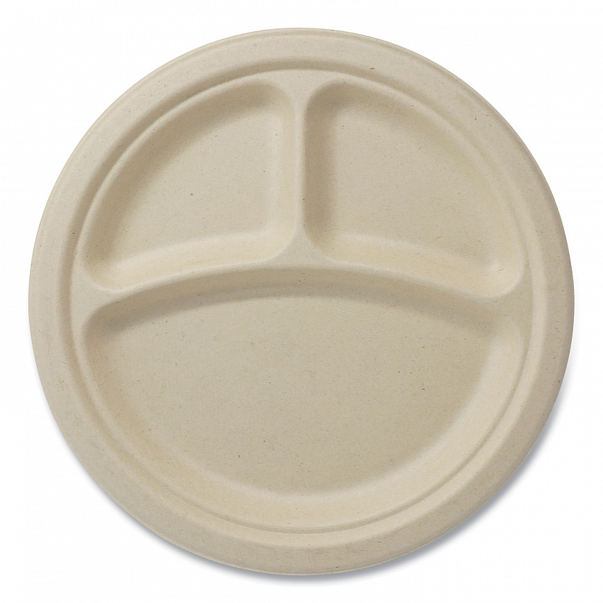Fiber Plates, 3-Compartment, Paper, 9" dia, Natural, 1,000/Carton (PLSC9TLFS)