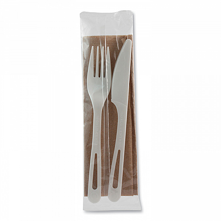 TPLA Wrapped Cutlery, Fork/Knife/Napkin, Plastic, Light Beige, 500/Carton (ASPSFKN)