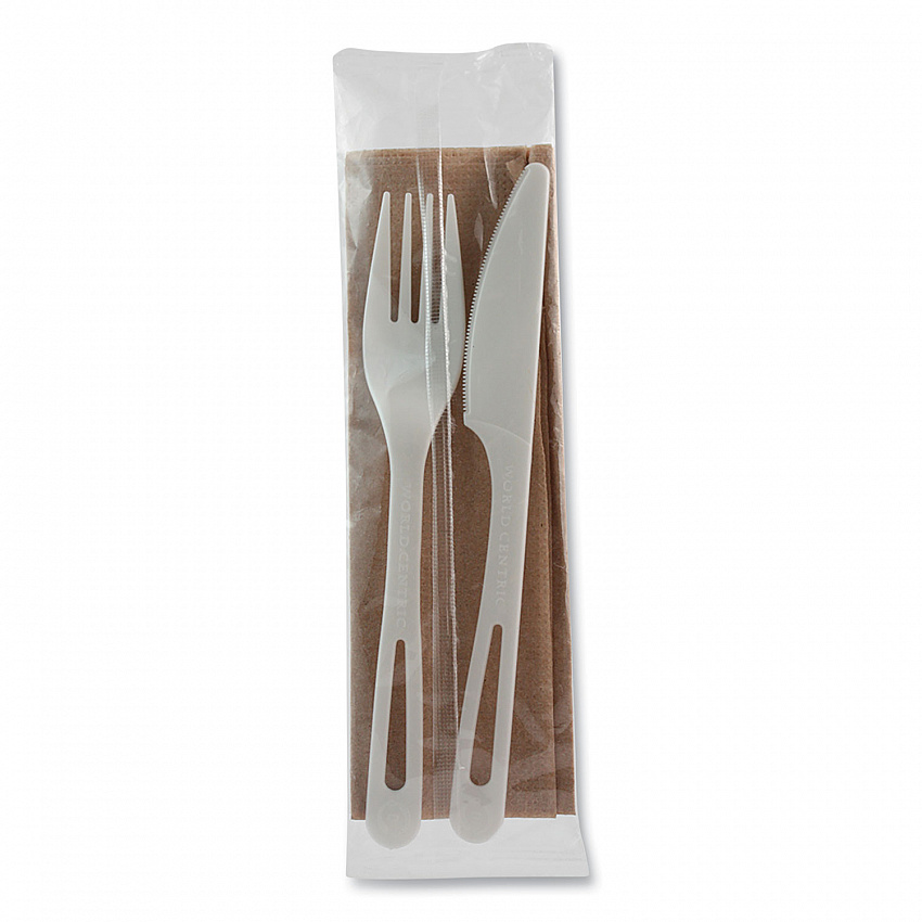 TPLA Wrapped Cutlery, Fork/Knife/Napkin, Plastic, Light Beige, 500/Carton (ASPSFKN)