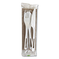 TPLA Wrapped Cutlery, Ribbed, Fork/Knife/Napkin/Spoon, Plastic, Light Beige, 250/Carton (ASPSTNL)