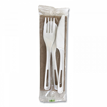 TPLA Wrapped Cutlery, Ribbed, Fork/Knife/Napkin/Spoon, Plastic, Light Beige, 250/Carton (ASPSTNL)