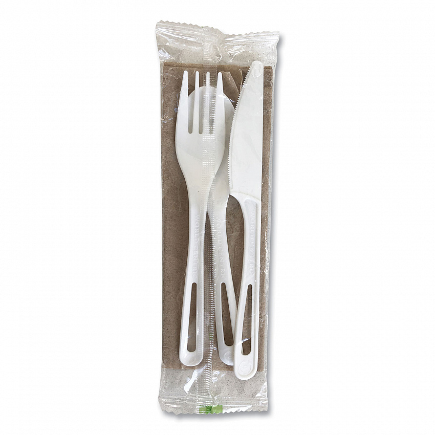 TPLA Wrapped Cutlery, Ribbed, Fork/Knife/Napkin/Spoon, Plastic, Light Beige, 250/Carton (ASPSTNL)