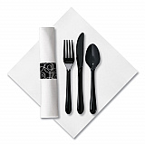 CaterWrap Heavyweight Cutlery Combo Kit, Fork/Knife/Napkin/Spoon, Plastic, Black, 100/Carton (119971)