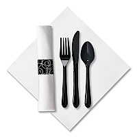 CaterWrap Heavyweight Cutlery Combo Kit, Fork/Knife/Napkin/Spoon, Plastic, Black, 100/Carton (119971)