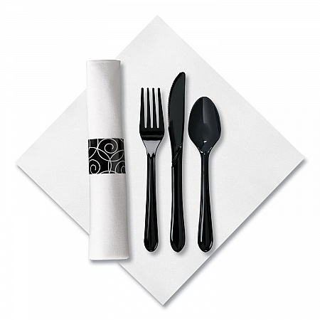 CaterWrap Heavyweight Cutlery Combo Kit, Fork/Knife/Napkin/Spoon, Plastic, Black, 100/Carton (119971)