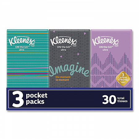 On The Go Packs Facial Tissues, 3-Ply, White, 10 Sheets/Pouch, 3 Pouches/Pack, 36 Packs/Carton (11976)