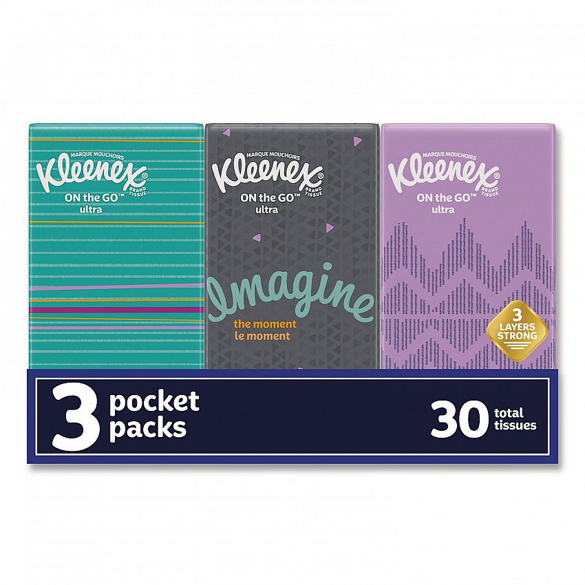On The Go Packs Facial Tissues, 3-Ply, White, 10 Sheets/Pouch, 3 Pouches/Pack, 36 Packs/Carton (11976)