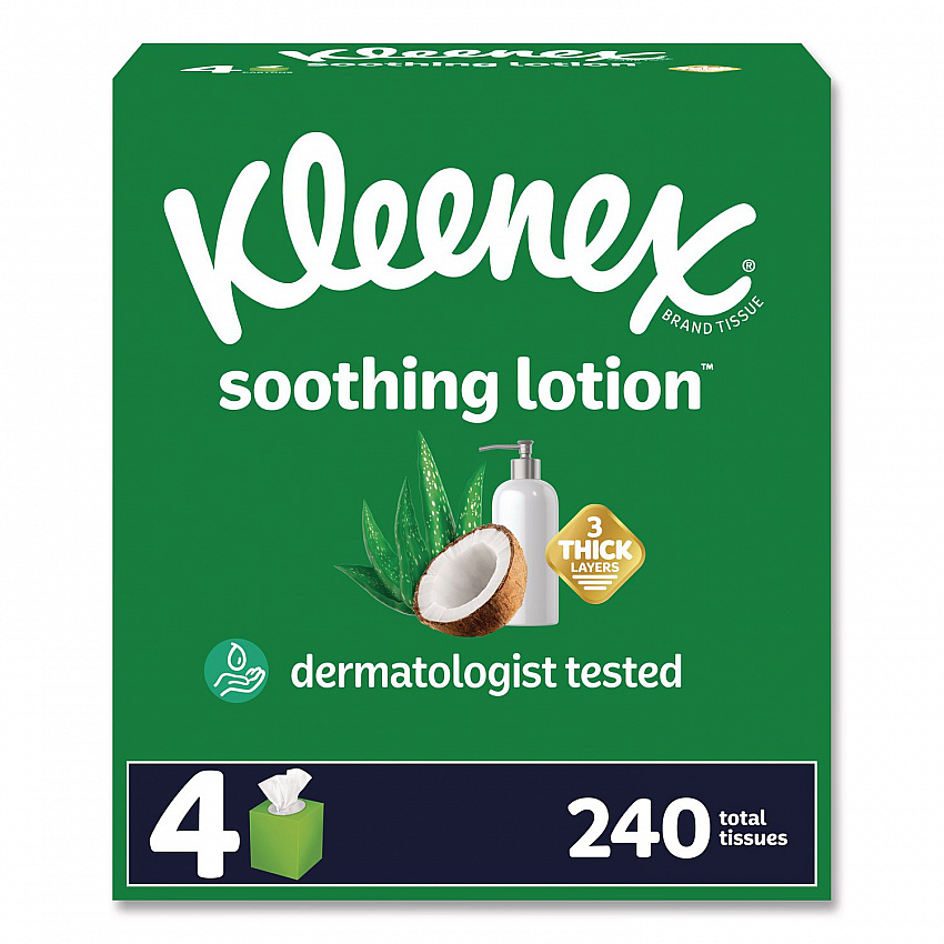 Soothing Lotion Facial Tissue, 3-Ply, White, 60 Sheets/Box, 4 Boxes/Pack, 8 Packs/Carton (54289)