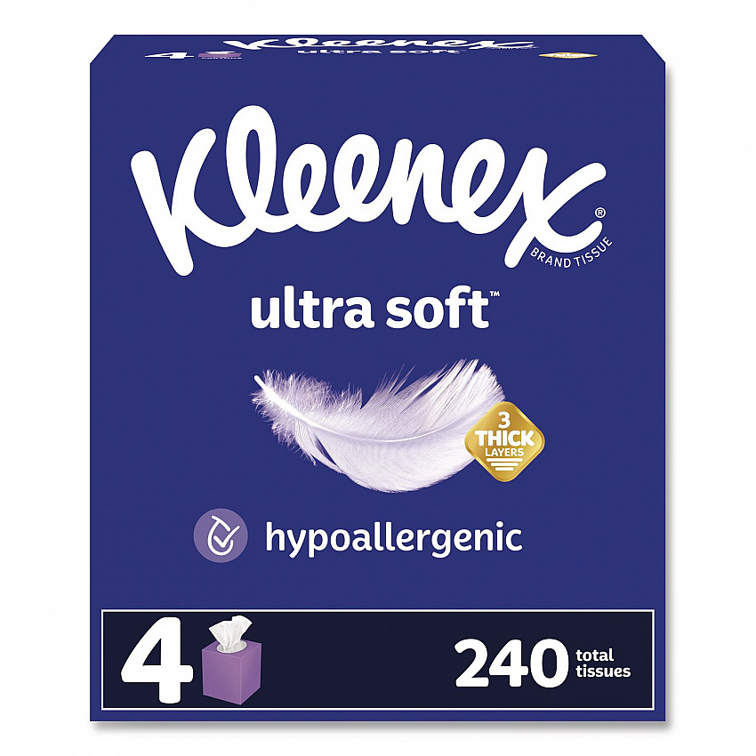 Ultra Soft Facial Tissue, 3-Ply, White, 60 Sheets/Box, 4 Boxes/Pack, 12 Packs/Carton (54308)