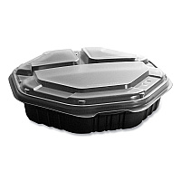 OctaView Hinged-Lid Hot Food Containers, 3 Compartments, 38 oz, 9.55 x 9.1 x 2.4, Black/Clear, Plastic, 100/Carton (809014PP94)