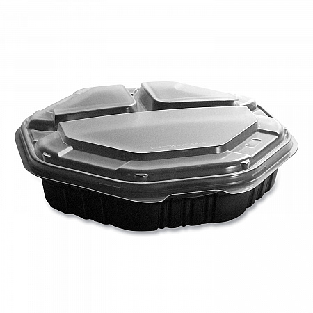 OctaView Hinged-Lid Hot Food Containers, 3 Compartments, 38 oz, 9.55 x 9.1 x 2.4, Black/Clear, Plastic, 100/Carton (809014PP94)