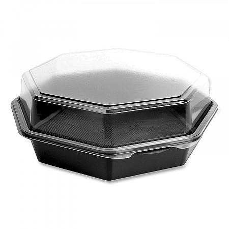 OctaView Hinged-Lid Cold Food Containers, 42 oz, 9.57 x 9.2 x 3.2, Black/Clear, Plastic, 100/Carton (864612PS94)
