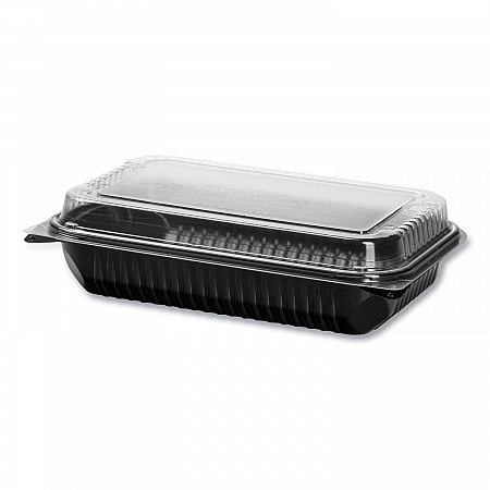 Hinged-Lid Dinner Box, 64 oz, 11.5 x 8.1 x 3, Black/Clear, Plastic, 100/Carton (919017PM94)