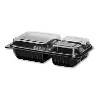 Hinged-Lid Dinner Box, 3 Compartments, 32 oz, 11.5 x 8.1 x 3, Black/Clear, Plastic, 100/Carton (919019PM94)