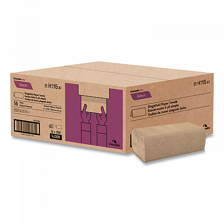 Select Folded Paper Towels, Single-Fold, 1-Ply, 9 x 9.45, Natural Brown, 250/Pack, 16 Packs/Carton (H115)