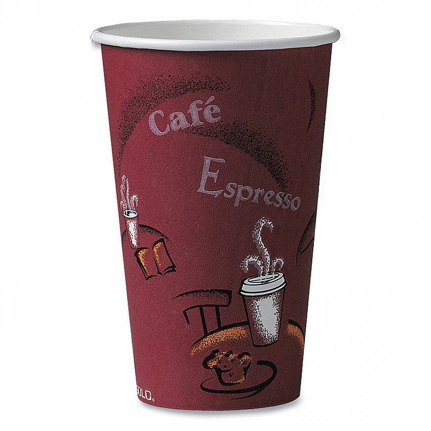 Paper Hot Drink Cups in Bistro Design, 16 oz, Maroon, 50/Pack (316SIPK)